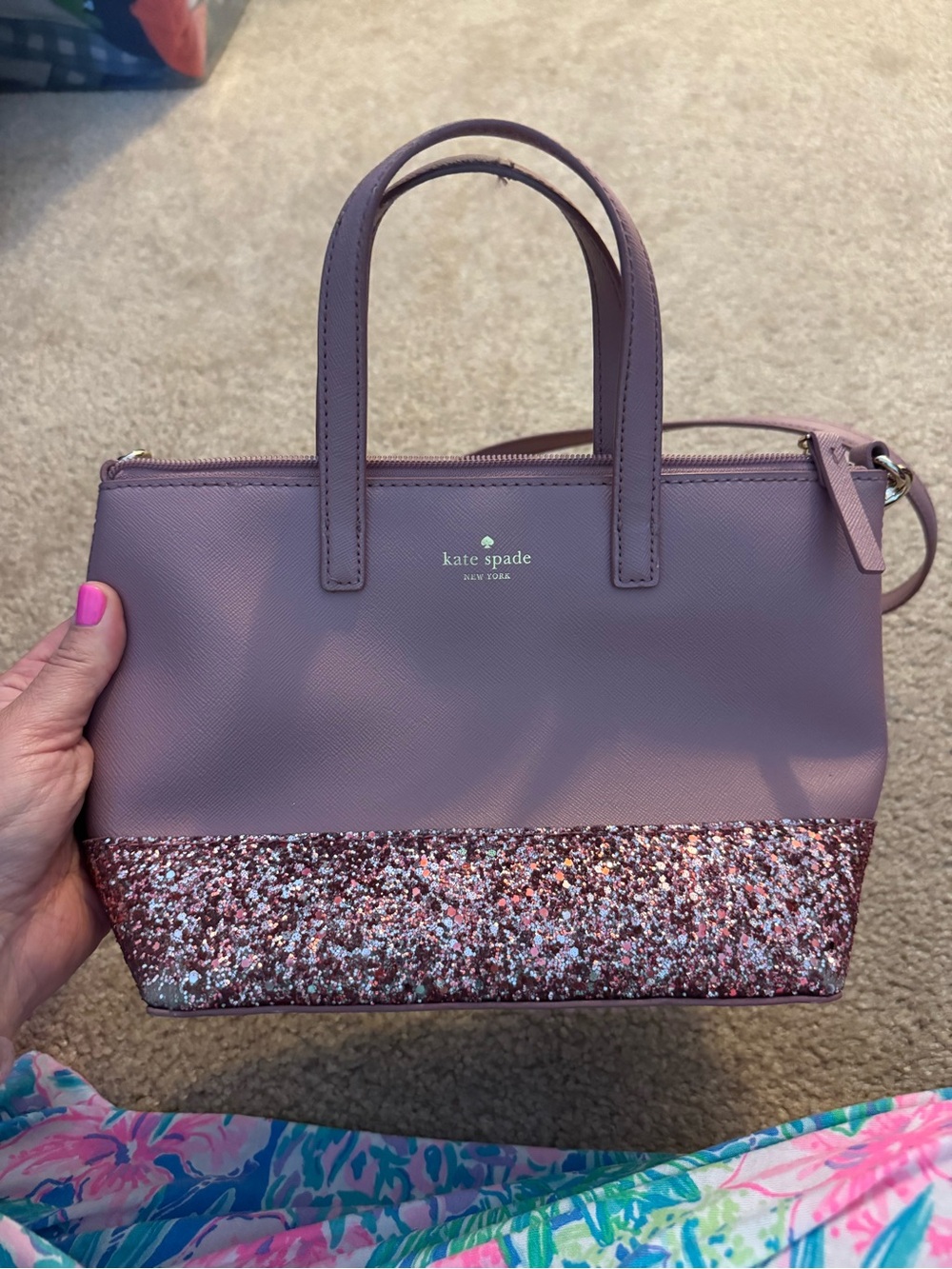 kate spade dusty rose satchel with rose gold glitter base